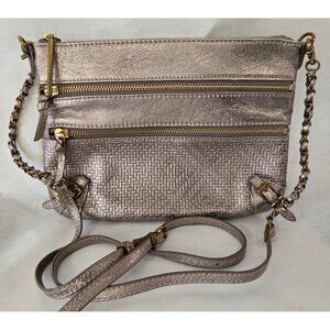 Elliott Lucca Messina Small Genuine Leather Gold Basket Weave Print Shoulder Bag